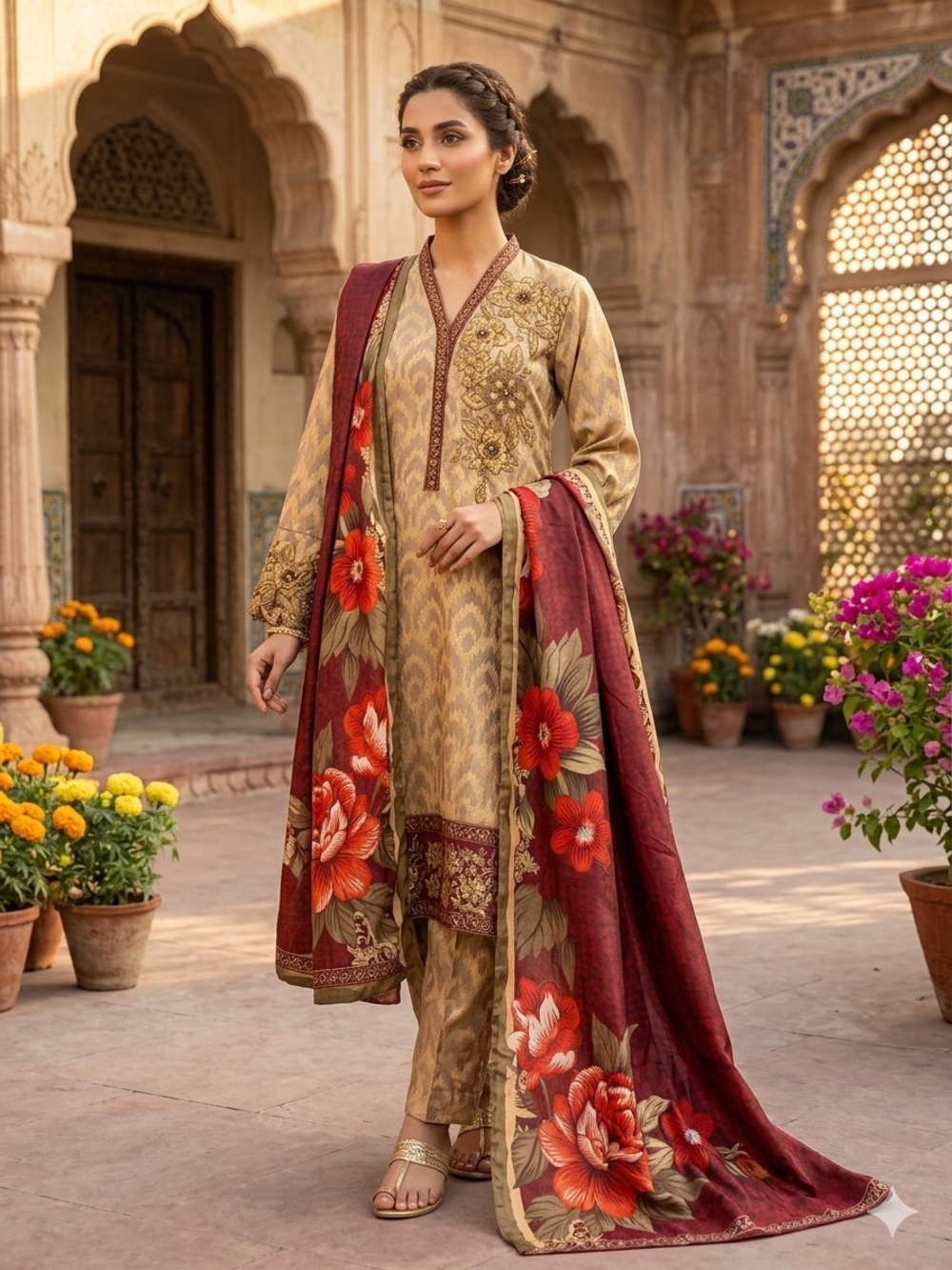 New Orient Luxury Silk Blend Salwar K Beige & Maroon Floral Women’s Kurta Set